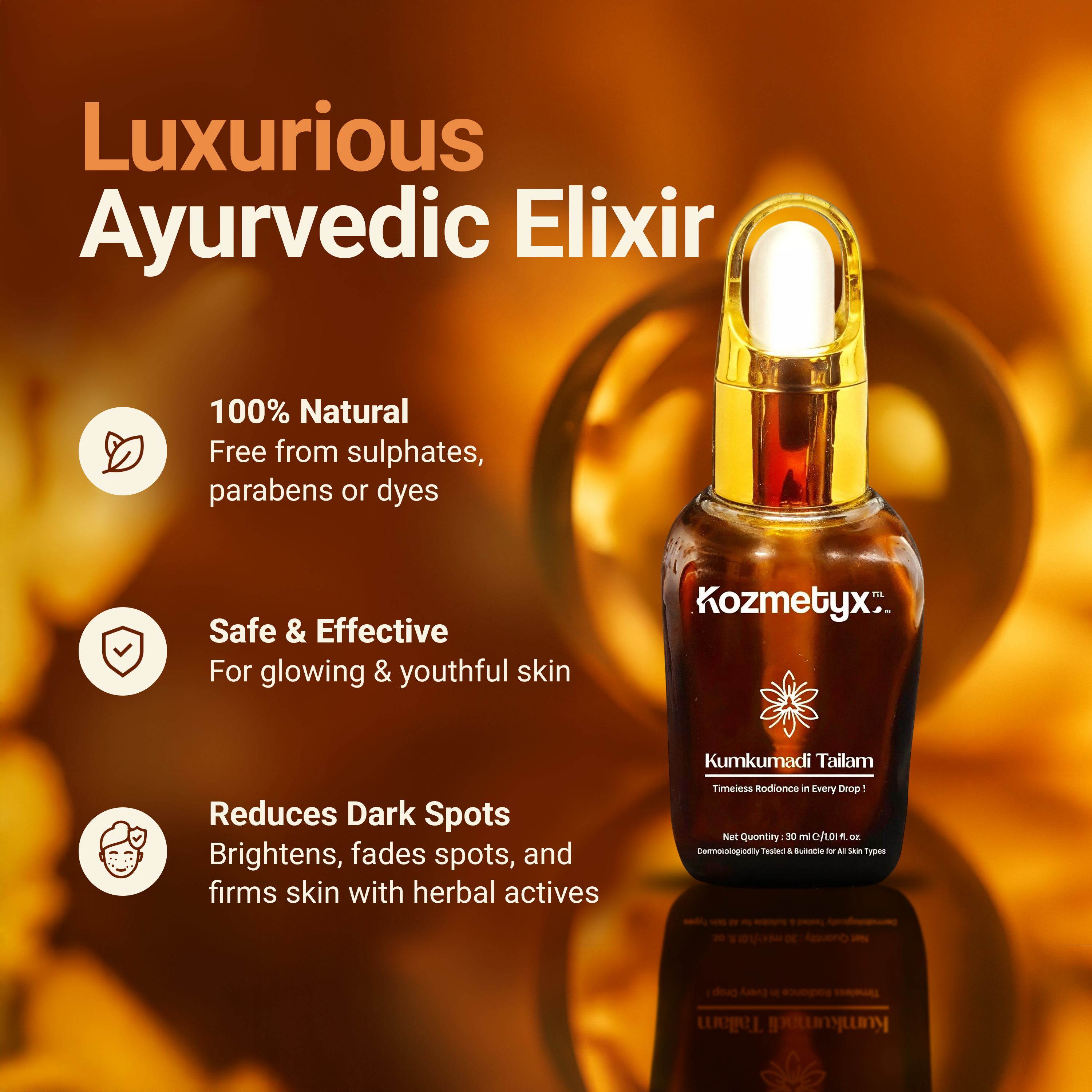 Kumkumadi Tailam - Ayurvedic Glow Oil - 3.15% Saffron Elixir - Anti Aging - Radiance Drops - 30 ML