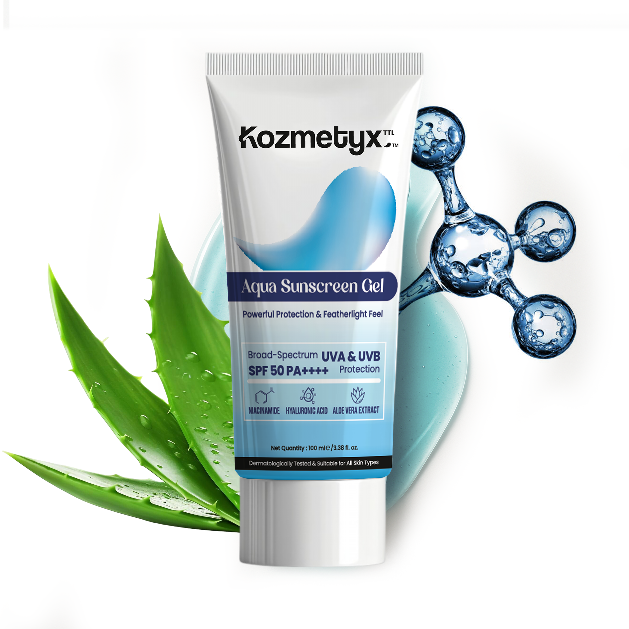 Aqua Sunscreen Gel - Niacinamide Loaded - Broad Spectrum - Aloe Vera Extract - Featherlight Feel - 100 ML