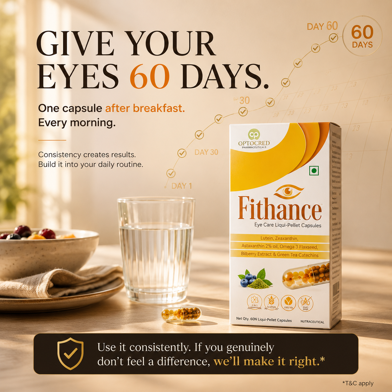 Fithance Daily Eye Health Capsules – Dryness, Redness, Screen Strain, Blurry vision, Tiredness, Retinal Support | 60 Capsules | Vegan | Advanced Liqui-Pellet Capsules