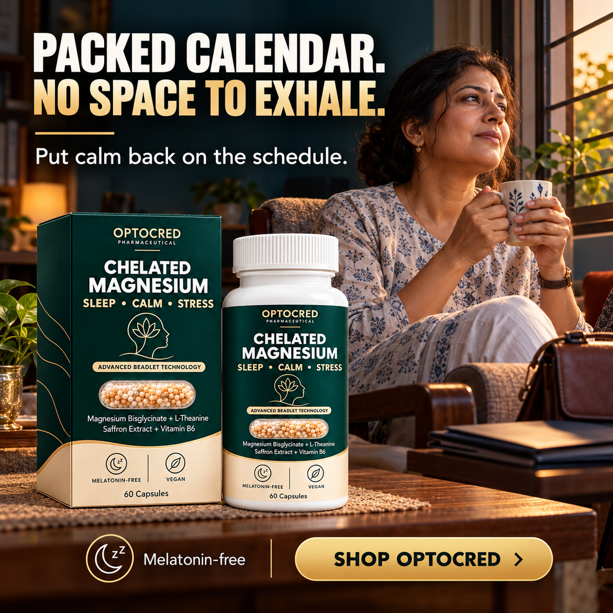 Chelated Magnesium Glycinate Complex with Saffron &amp; L-Theanine | 60 Vegan Capsules