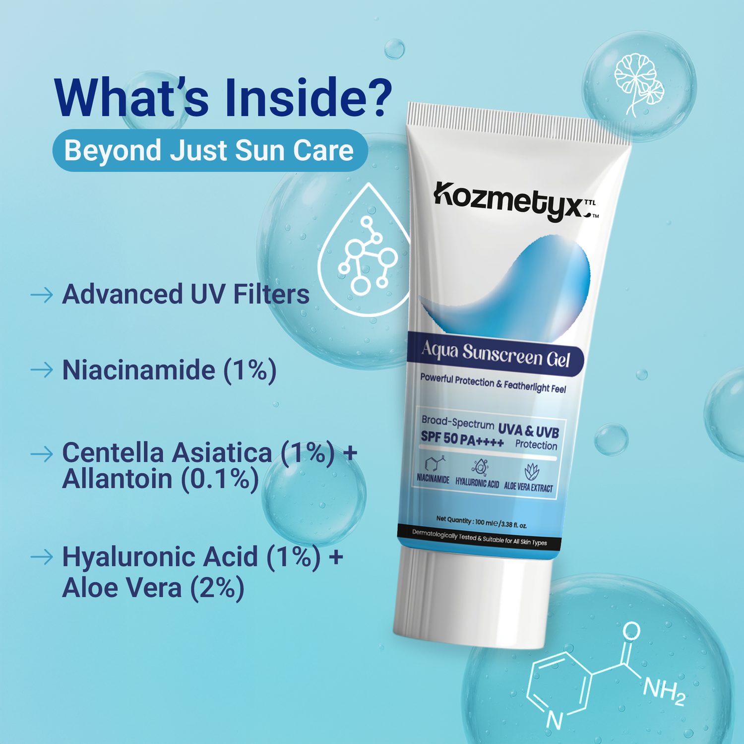 Aqua Sunscreen Gel - Niacinamide Loaded - Broad Spectrum - Aloe Vera Extract - Featherlight Feel - 100 ML