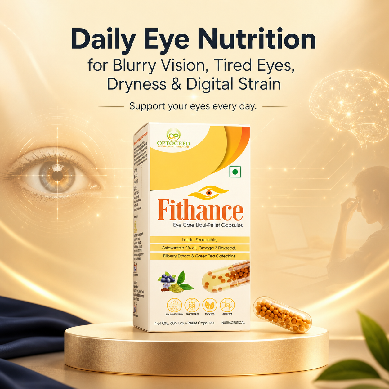 Fithance Daily Eye Health Capsules – Dryness, Redness, Screen Strain, Blurry vision, Tiredness, Retinal Support | 60 Capsules | Vegan | Advanced Liqui-Pellet Capsules