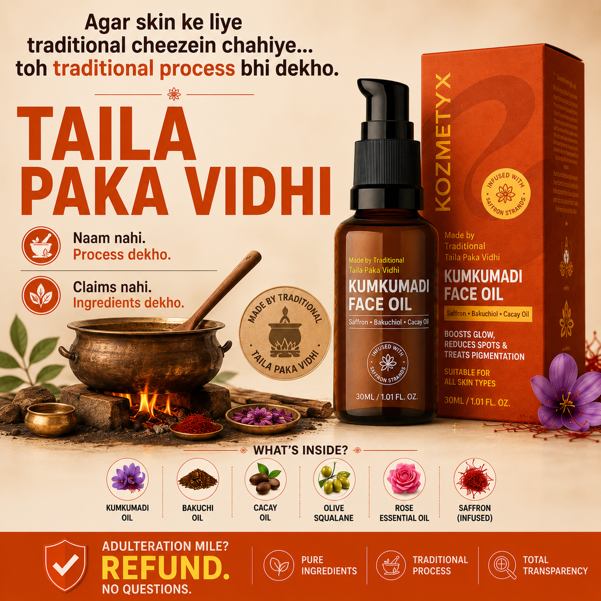 Kumkumadi Oil for Pigmentation &amp; Uneven Tone | Made with Traditional Taila Paka Vidhi