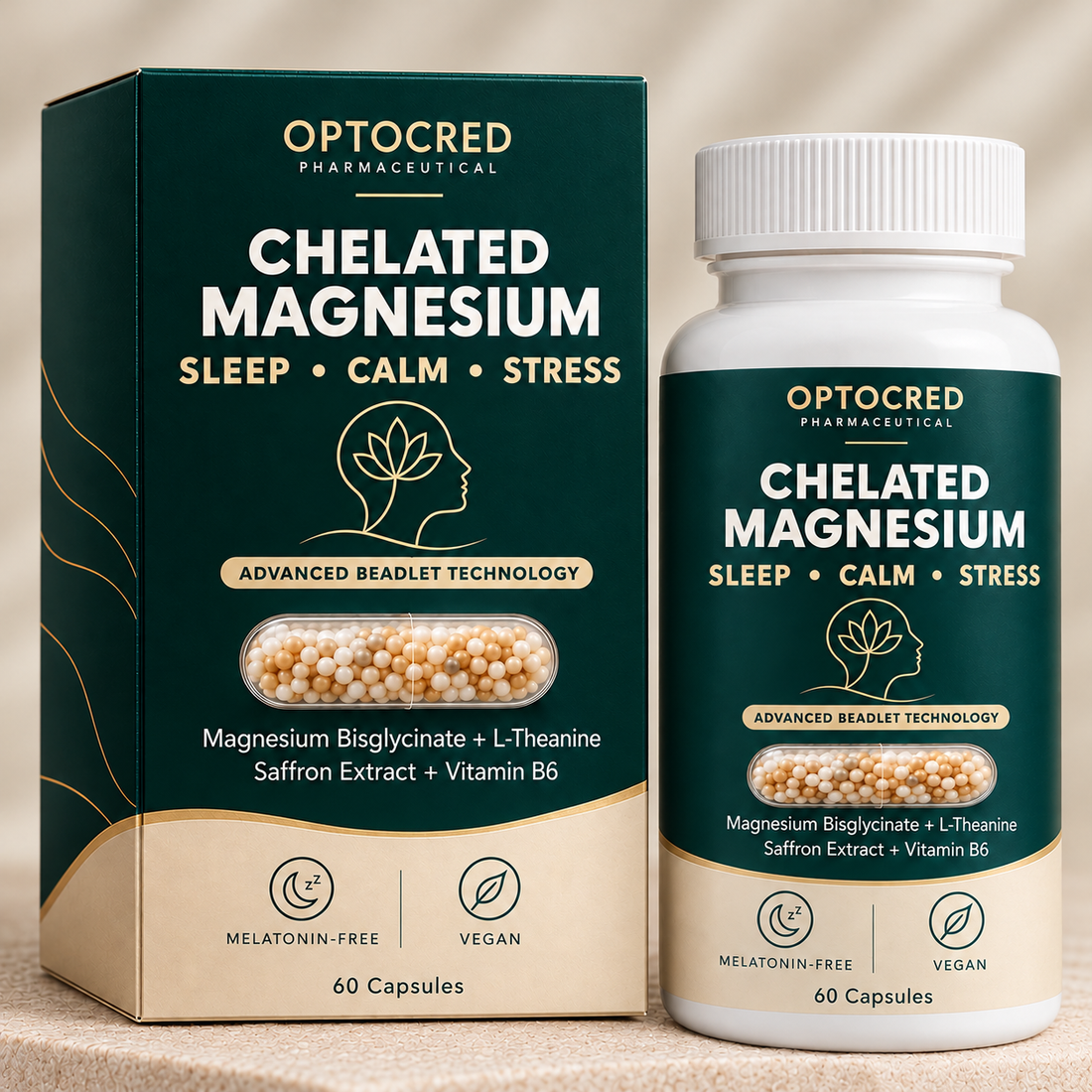 Chelated Magnesium Glycinate Complex with Saffron &amp; L-Theanine | 60 Vegan Capsules
